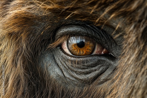 Close-up of woolly mammoth eye, showing thick eyelashes and intelligent, resilient gaze adapted to ice age world. High-resolution, detailed textures, crisp focus