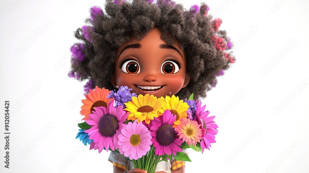 Fototapeta premium Cheerful Young Girl with Colorful Afro and Vibrant Bouquet: Perfect Poster for Brightening Up Any Playroom or Sports Interior!