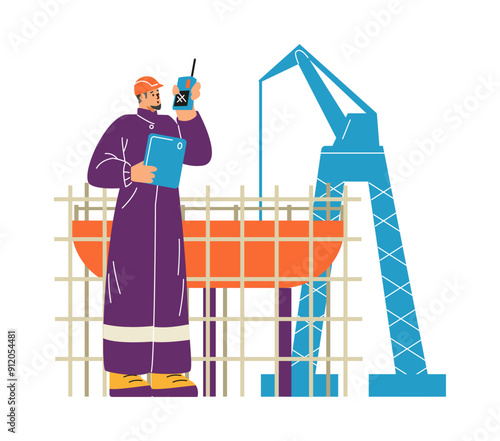 Marine engineer supervises the construction of a ship.
