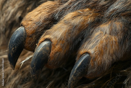 Detailed view of megatherium fur and claws, emphasizing size and strength of this giant ground sloth from ice age. High-resolution, detailed textures, crisp focus