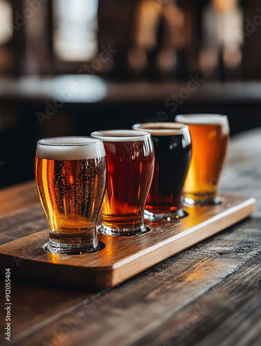 A wooden flight board with four small tasting glasses of different craft beers. The beers have varied colors and frothy tops, and are placed on a rustic wooden table with a blurred brewery background.