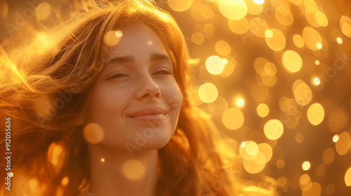 arafed woman with long red hair smiling in front of a golden background