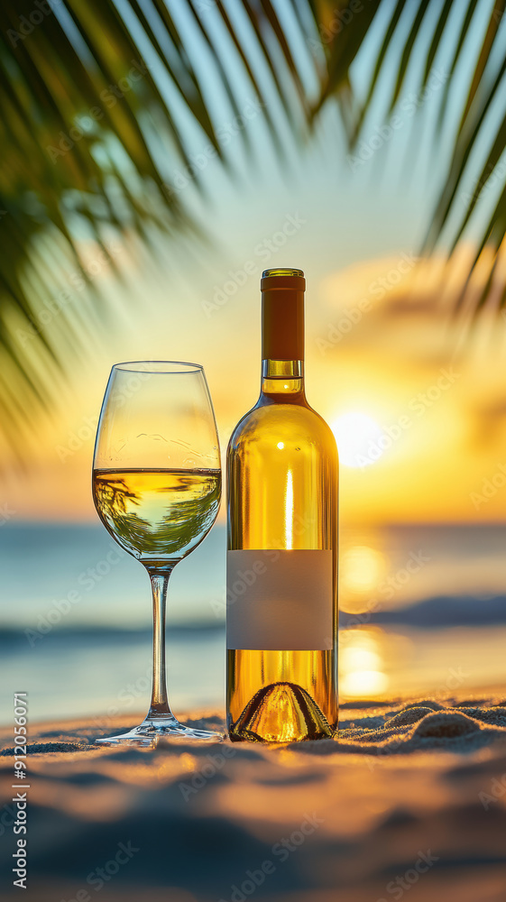 Sunset view with wine bottle and glasses on the beach