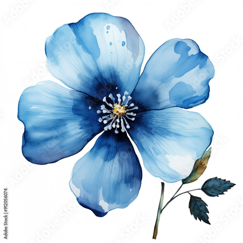 there is a blue flower with a stem and leaves on it