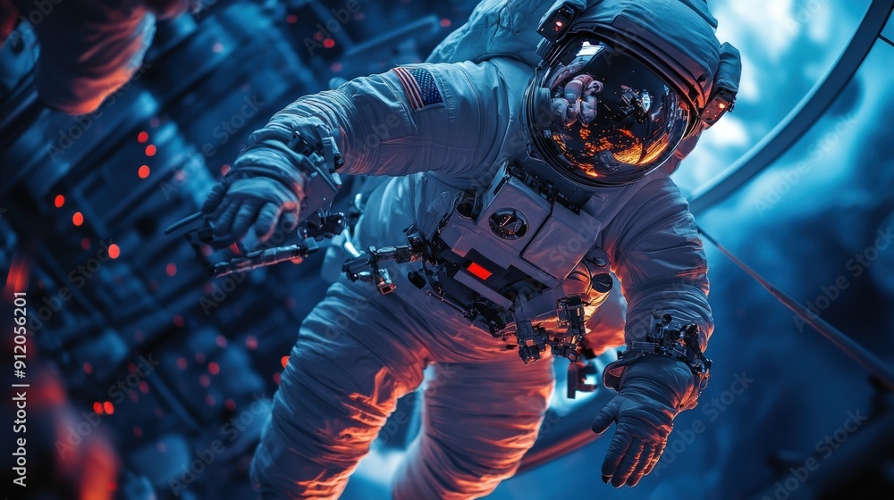 Fototapeta premium Astronaut in Space Suit Floating in a Spacecraft