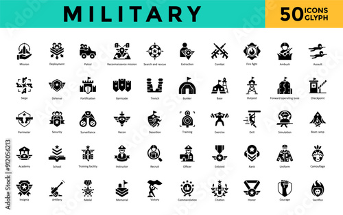 Military icon set with mission, deployment, patrol, reconnaissance mission, search and rescue, extraction, combat, fire fight, ambush, assault icon. Simple glyph vector 
