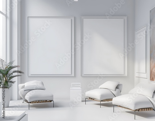 Art gallery with clean white walls and empty mockup frames, enhanced by modern decor.. photo