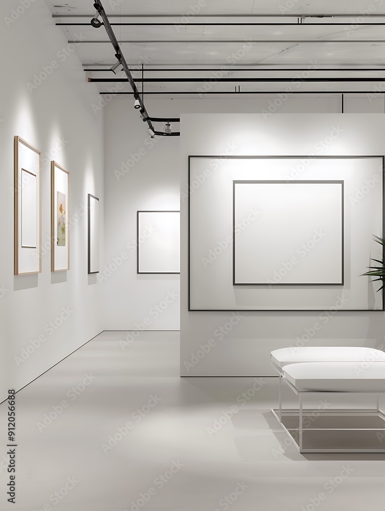 Fototapeta premium Modern gallery with minimalist white walls and frames..