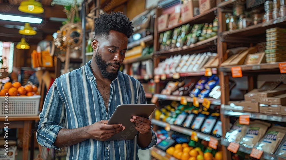 young Latino entrepreneur standing holding a tablet and looking at the screen, inside his store young Latino entrepreneur standing holding a tablet and looking at the screen, inside his store