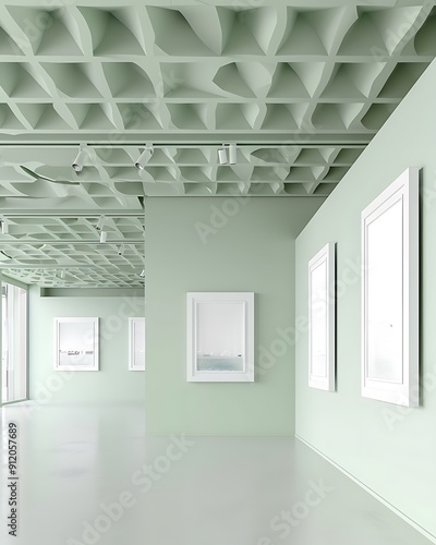 Contemporary gallery featuring white frames on pale green walls with stylish ceiling design.. photo