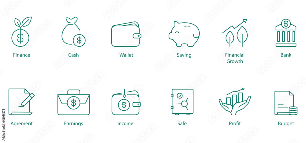 Finance, Cash, Loan, Saving, Financial Growth, Investing, Creditor, Earnings, Income, Saves, Profit, and Budget Vector Icon Set Finance, Cash, Loan, Saving, Financial Growth, Investing, Creditor, Earnings, Income, Saves, Profit, and Budget Vector Icon Set