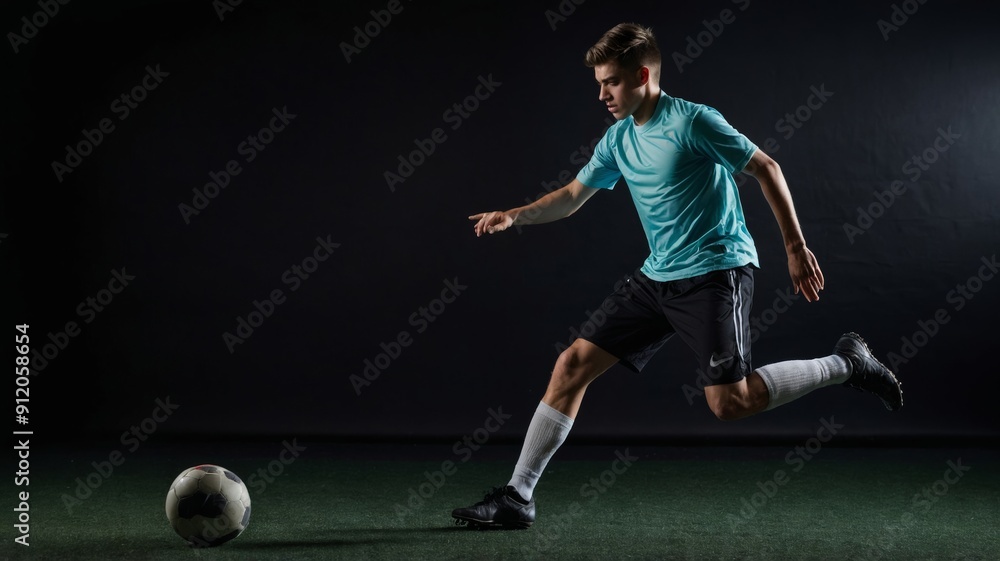 Portrait of young man football playing in motion train Portrait of young man football playing in motion train