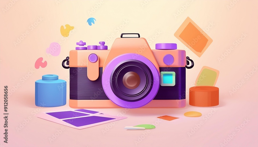 Detailed 3D Render of a Nostalgic Camera with Textures, Metallic Accents, Photos, and Film Rolls Detailed 3D Render of a Nostalgic Camera with Textures, Metallic Accents, Photos, and Film Rolls