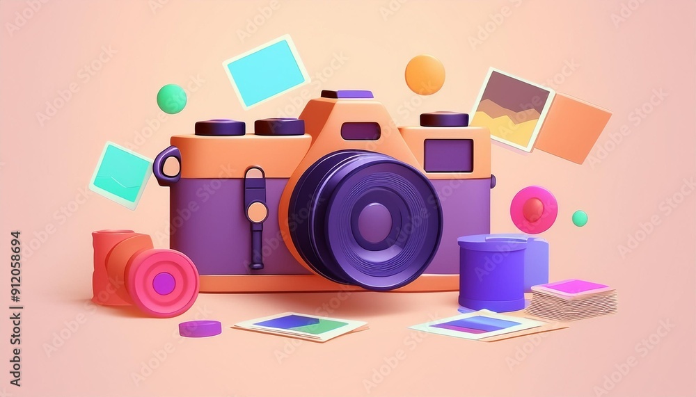 Detailed 3D Render of a Nostalgic Camera with Textures, Metallic Accents, Photos, and Film Rolls Detailed 3D Render of a Nostalgic Camera with Textures, Metallic Accents, Photos, and Film Rolls