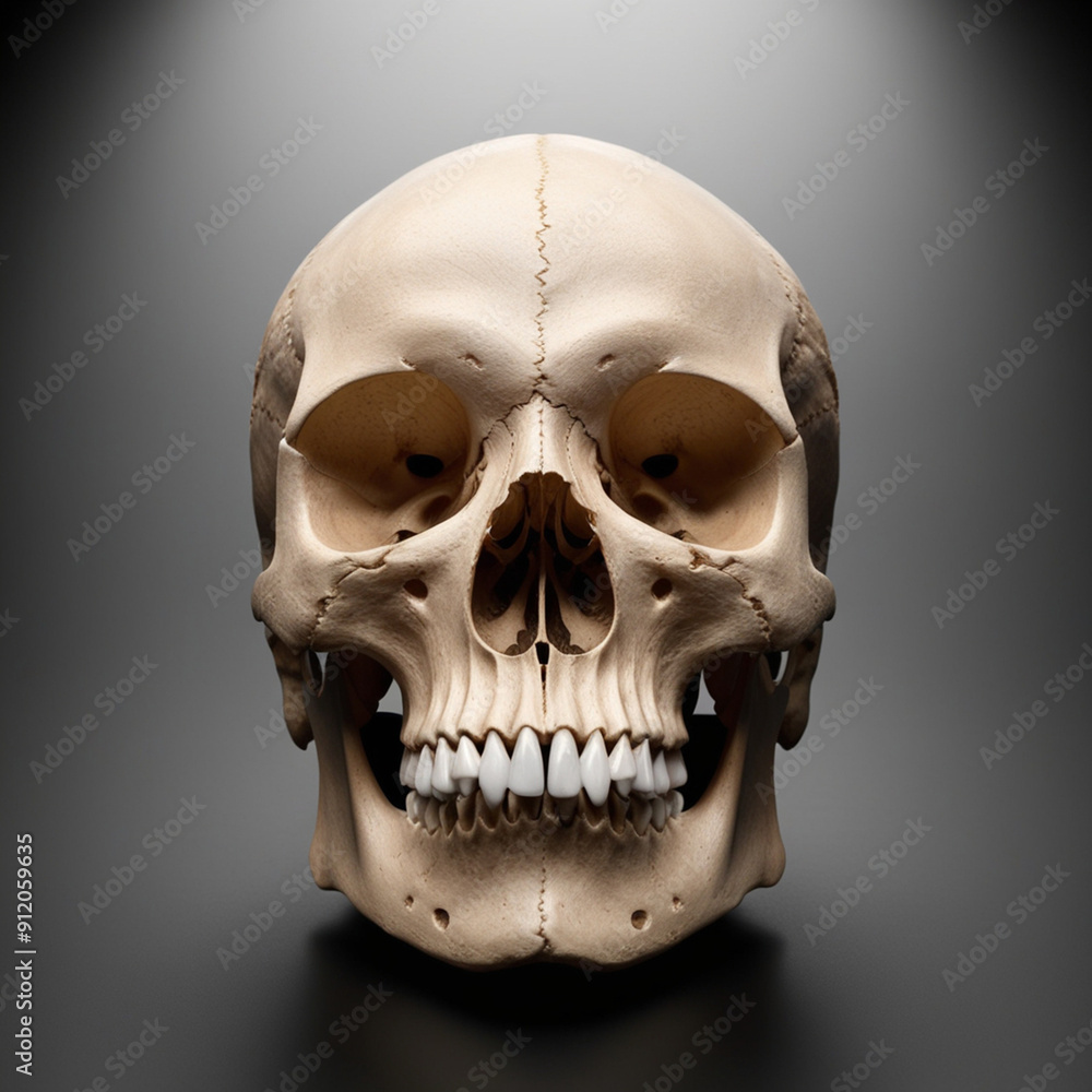 Fototapeta premium Front view of natural human skull on isolated black background