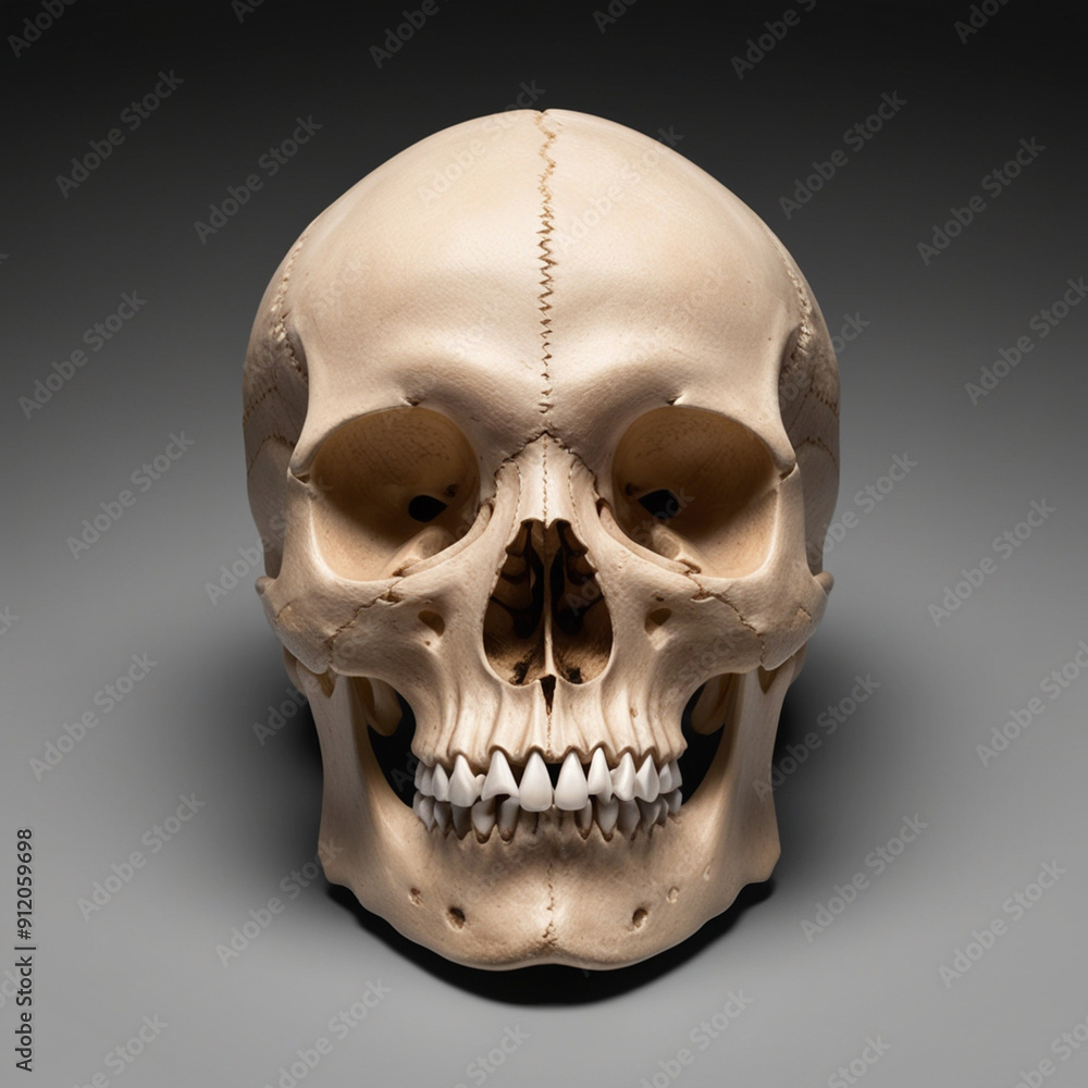 Obraz premium Front view of natural human skull on isolated black background
