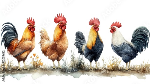 Four Watercolor Roosters Standing on Grass photo