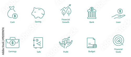 Cash, Savings, Financial Growth, Bank, Loan, Earnings, Safe, Profit, Budget, and Financial Goals Vector Icon Set