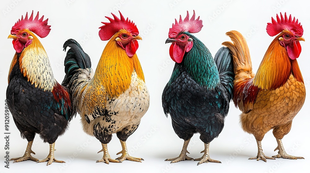 Four Roosters of Different Colors Standing on White Background Four Roosters of Different Colors Standing on White Background