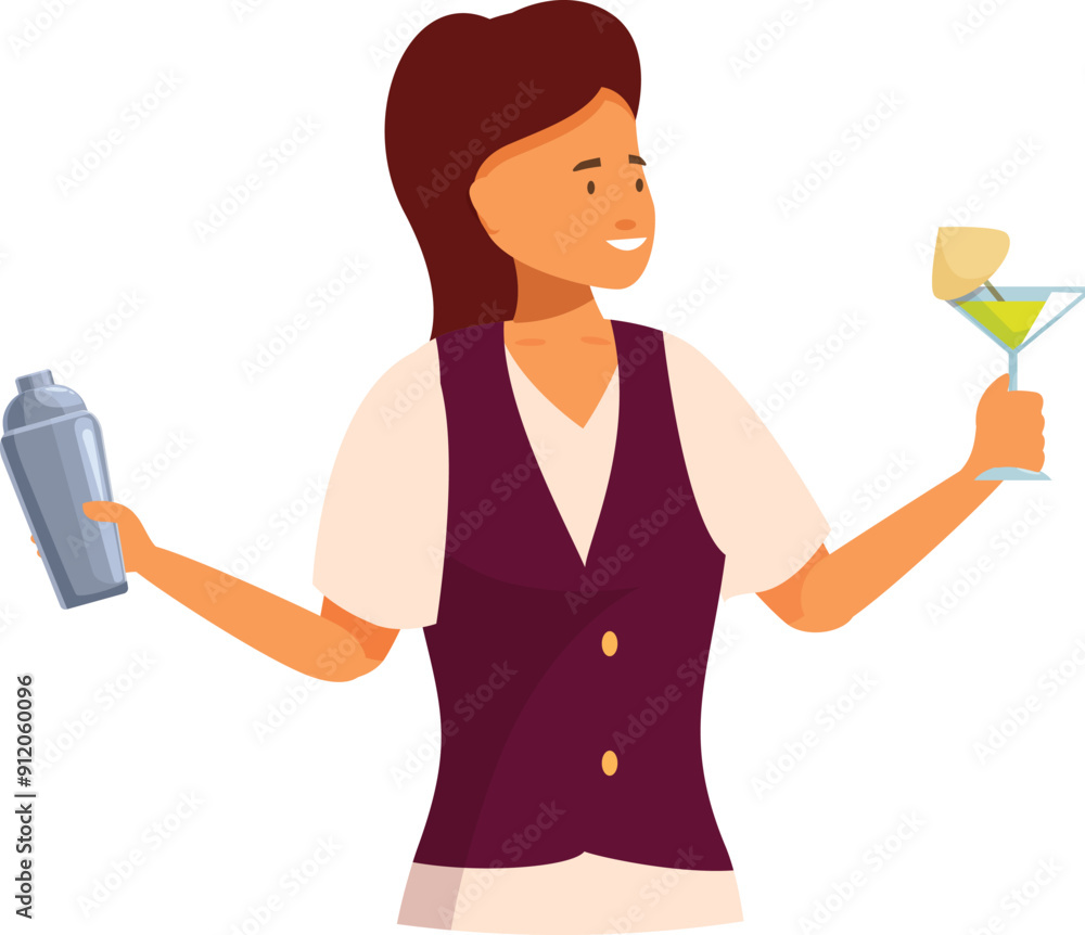 Smiling bartender woman is holding a cocktail shaker and a martini glass Smiling bartender woman is holding a cocktail shaker and a martini glass