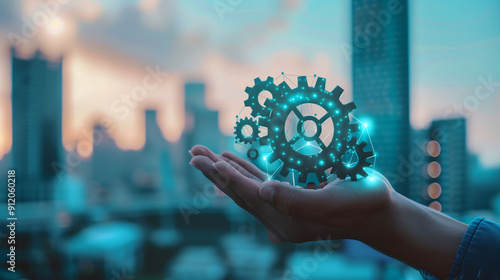 hand holding gears and digital connections, representing the integration between human creativity and AI technology for innovation in business. 