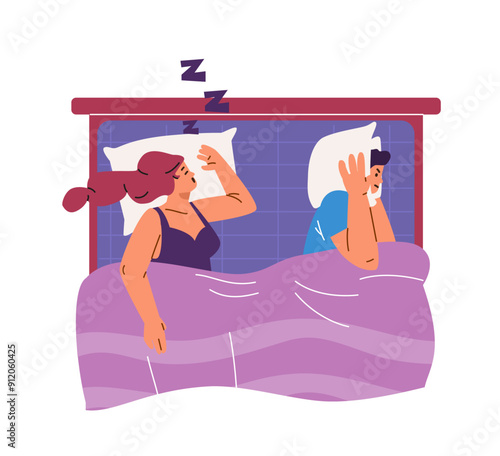 Vector drawing of a woman and a man in bed depicting common sleep apnea scenes