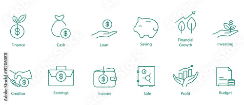 Finance, Cash, Loan, Saving, Financial Growth, Investing, Creditor, Earnings, Income, Saves, Profit, and Budget Vector Icon Set