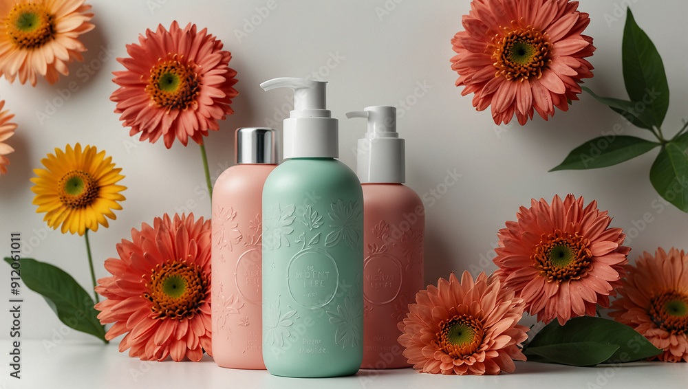 A bottle of lotion is surrounded by colorful flowers on a white background. A bottle of lotion is surrounded by colorful flowers on a white background.