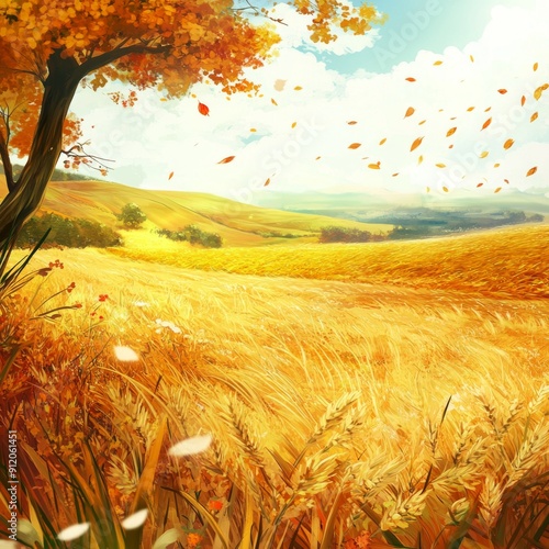 Enchanting Anime-style Autumn's Abundance: A High-Definition Hand-Drawn Illustration of Nature's Harvest in Golden Fields, Celebrating Seasonal Riches with Amber Tones and Cozy Comfort in Anime Style. photo