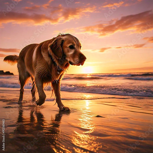 A low-angle shot of a dog walking along a beach at sunset, with the sky painted in hues of orange and pink, and gentle waves lapping at the shore, shot with a GoPro HERO9 Black, wide angle, warm tones