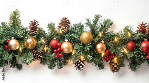 Festive Christmas garland with pine branches, red berries, golden ornaments, and warm lights against a white background.