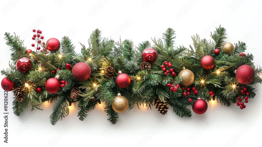 Festive Christmas garland with red and gold ornaments, pine cones, and twinkling lights isolated on white. Festive Christmas garland with red and gold ornaments, pine cones, and twinkling lights isolated on white.