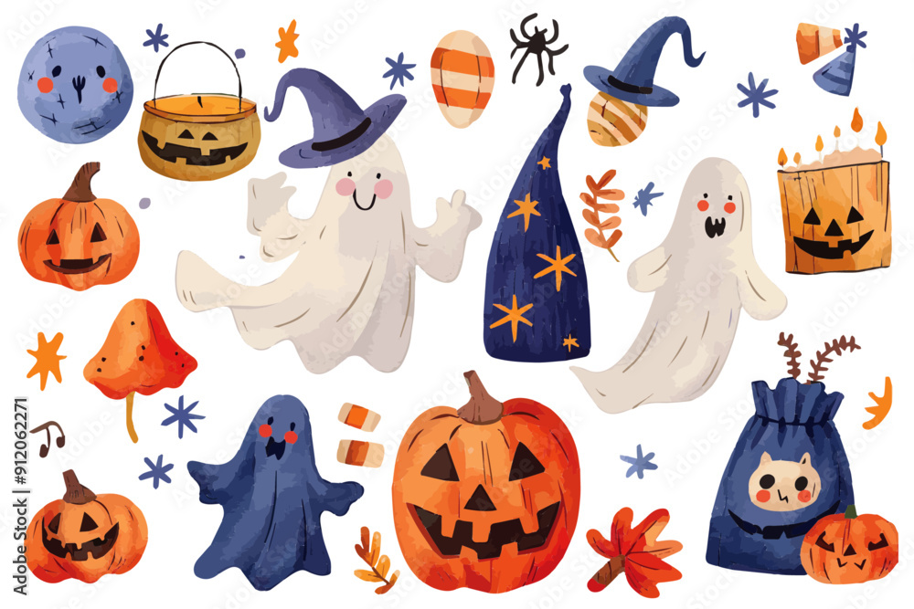 Cute Watercolor Halloween Set with pumpkins Cute Watercolor Halloween Set with pumpkins