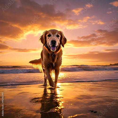 A low-angle shot of a dog walking along a beach at sunset, with the sky painted in hues of orange and pink, and gentle waves lapping at the shore, shot with a GoPro HERO9 Black, wide angle, warm tones