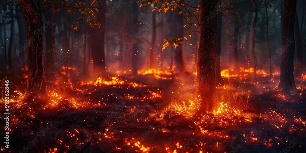 Fototapeta premium Burning night forest with ignited grass and trees
