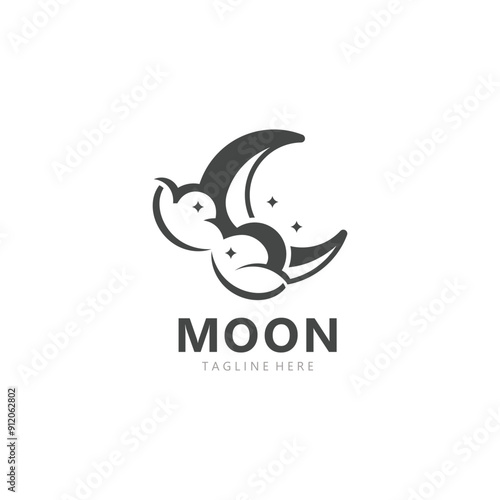 Moon elegant crescent and star logo design line in simple style outline background template