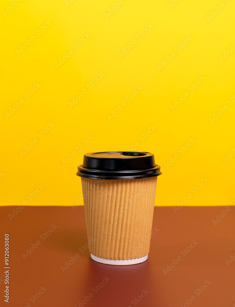 Mockup Brown Beige Paper Drinks Mug, Cup with Black Lid On Brown Yellow Background. Copy Space. On the Go Food Service Application. Vertical Plane, Eco Hot Beverage Tumbler Mockup Brown Beige Paper Drinks Mug, Cup with Black Lid On Brown Yellow Background. Copy Space. On the Go Food Service Application. Vertical Plane, Eco Hot Beverage Tumbler