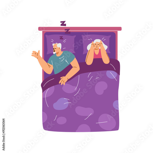 Elderly couple in bed at night, snoring, insomnia, vector woman suffering because of snoring husband and covering ears