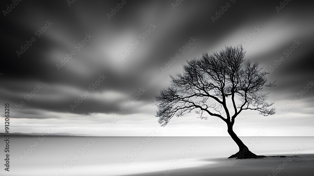Obraz premium Solitary tree under moody sky moody sky over quiet landscape