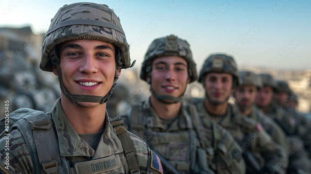 Smiling soldiers in full gear line up, displaying camaraderie and readiness in a mission setting. Smiling soldiers in full gear line up, displaying camaraderie and readiness in a mission setting.