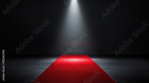 An awards show stage with a red carpet and spotlight