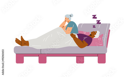 Elderly multinational couple in bed at night, snoring, insomnia, vector woman suffering because of snoring husband