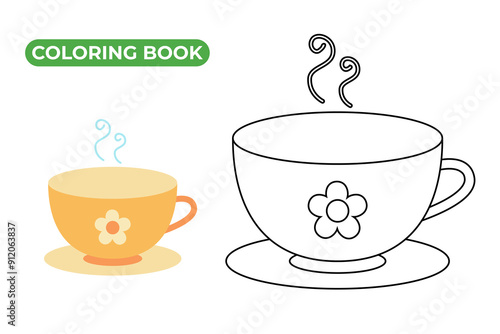 Cup of hot tea coloring book. Black and white contour vector illustration of dishes. Linear drawing of teacup with steam. Icon of mug with saucer.