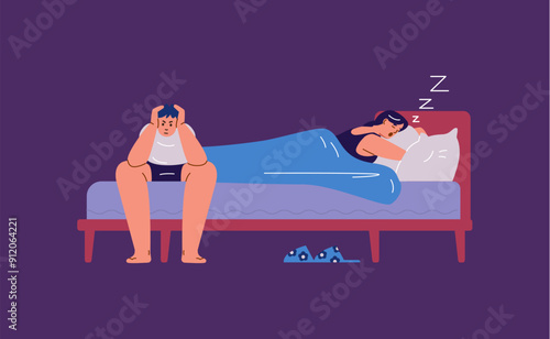 Vector scene of disturbed sleep on the theme of snoring. Side view.
