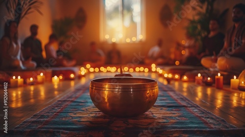 A serene meditation space with a singing bowl, surrounded by candles and a group of people sitting in a circle. photo