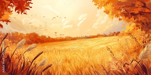 Enchanting Anime-style Autumn's Abundance: A High-Definition Hand-Drawn Illustration of Nature's Harvest in Golden Fields, Celebrating Seasonal Riches with Amber Tones and Cozy Comfort in Anime Style. photo