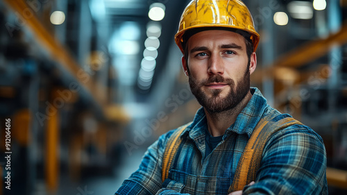 A worker in uniform standing proudly in front of their workplace, with the national flag waving in the background, symbolizing pride in labor and country.generative ai