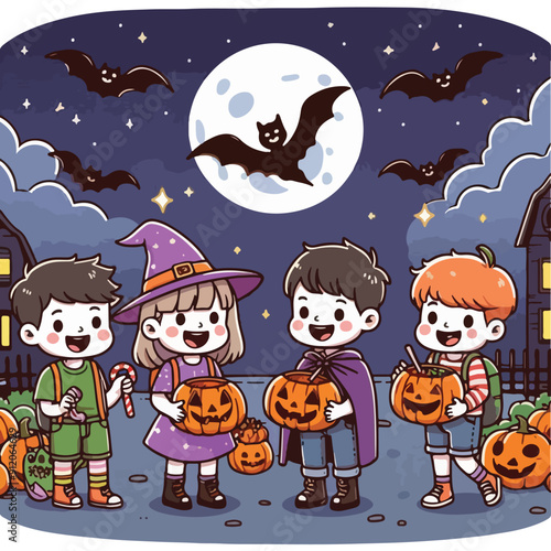 Happy halloween greeting card with cute kids witch, pumpkin, bat, ghost. Holidays cartoon character illustration. Cute funny spooks crew. Celebrating trick or treat party on graveyard