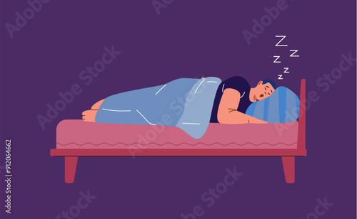 Young man lying in the bed and snores loudly with open mouth, releases zzz, vector male character with snore problem