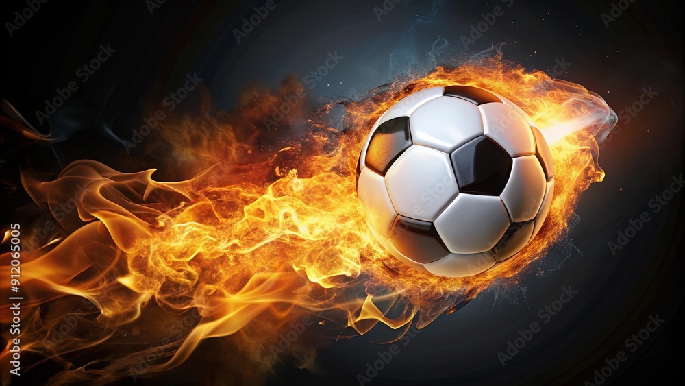 Naklejka premium Flying football or soccer ball engulfed in flames , sports, fiery, dynamic, action, motion, burning, heat, competition
